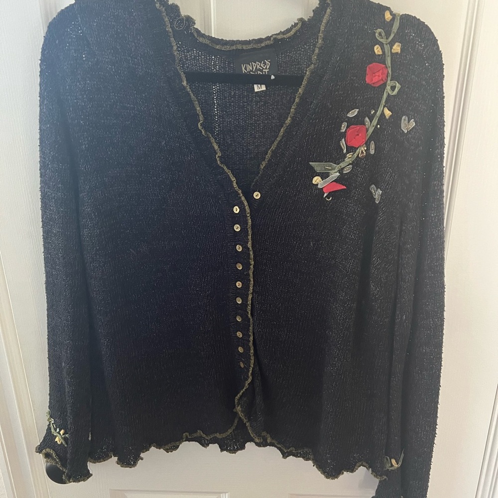 Kindess Black Cardigan with Floral Accents